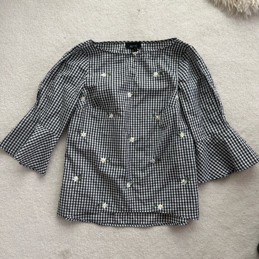 Alyx Black and White Gingham Embroidered Floral Top